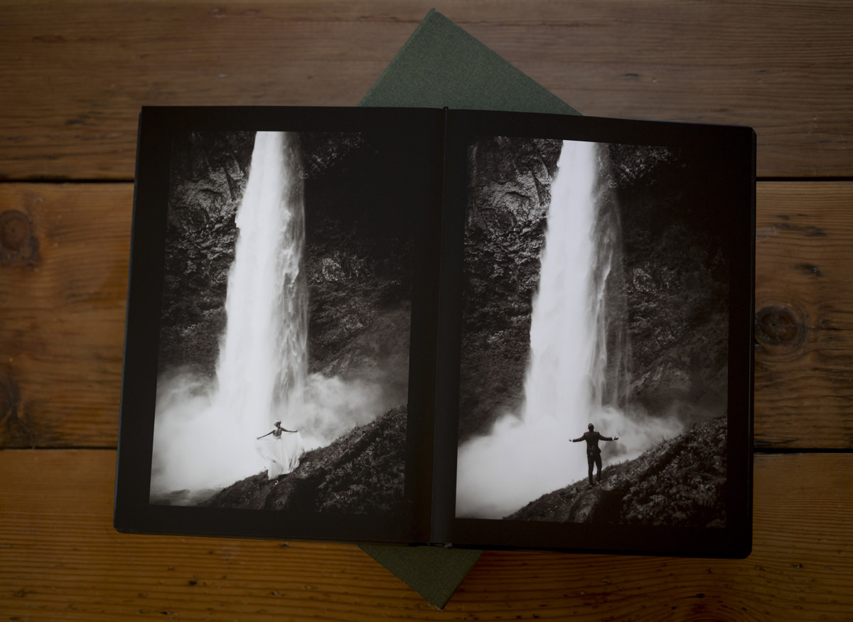 Leather Elopement Wedding Album showing Waterfall Elopement