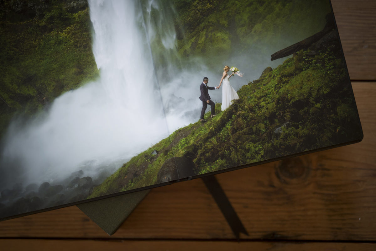 Leather Elopement Wedding Album Showing Waterfall Wedding